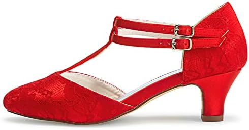 JIAJIA 00968 Women's Bridal Shoes Closed Toe T-Strap 1.9" Block Low Heel Lace Satin Pumps Wedding Shoes Colour Red,Size 10.5 B(M) US/42 EU | Image 3