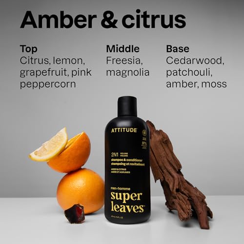 Image of ATTITUDE Men's Shampoo and Conditioner 2-in-1, Volumizing for Thin Hair, With Rosemary and Rice Protein, 97% Natural Origin Ingredients, EWG Verified, Amber & Citrus, 14 Fl Oz