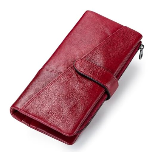 CONTACTS Carteira Feminina Longa em Couro Legítimo com Zíper, 18 Porta-Cartões, Bolso para Celular com Zíper, 2 Porta-Fotos, Compartimento para Notas e Fecho de Metal Duplo, Luxo– Cor Vermelha