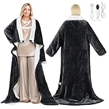 Electric Wearable Heated Blanket with Foot Pocket, Heated Blanket Wearable with Sleeves for Sofa, Flannel & Sherpa Electric Throw Blanket, 10 Heat Settings & 2-8H Auto Shut-Off, 50*70'+18', Dark Grey
