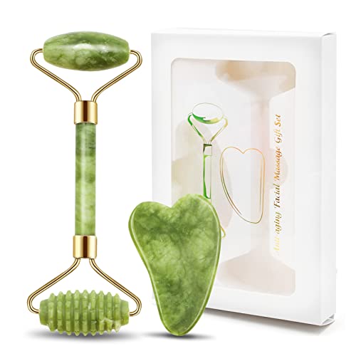 2 Stücke Gua Sha Stein Set Natürlicher Jade Roller Face Massageroller Gua Sha Für Augenschwellungen Hautstraffung von Gesicht und Hals Anti Aging Wangen Hautpflege und Entspannung Cover