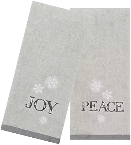 SeasonsEasy Christmas Bath Hand Towels, Set of 2 Grey Cotton Terry Velour Towel with Embroidered Joy, Peace and White Snowflakes for Bathroom Decorating