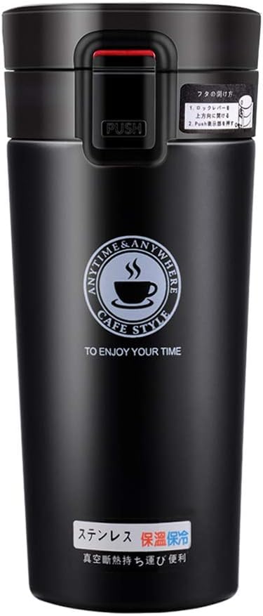 Taza de Café 380mL, Termo Cafe para Llevar, Acero Inoxidable 304 Vaso Termico Cafe Antigoteo para Coche, Termo Café Hermético, Frío y Caliente. Incluye una funda y un cepillo de limpieza (negro)