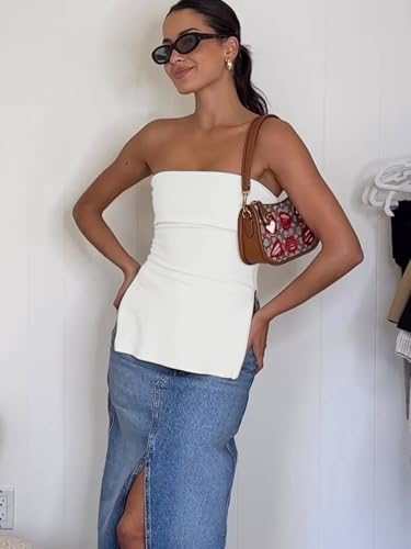 Cicy Bell Womens Strapless Tube Tops Fitted Ribbed Knit Y2K Going Out T Shirts Summer Side Zipper Backless Bandeau Tops White — view 4