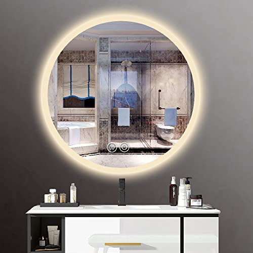 Panana Miroir de salle de bain rond étanche LED éclairé avec fonction anti-buée/désembuage/lumière dégradée - Monté au mur - Capteur - Anti-buée...