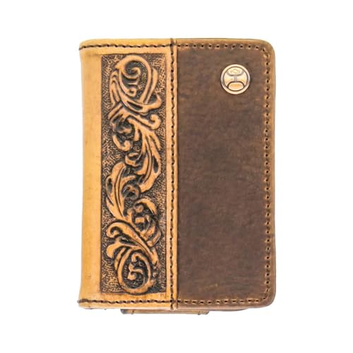 Image of HOOEY Grayson Men's Leather Bifold Money Clip Wallet - Brown & Tan Genuine Distressed Leather, Hand Tooled Western Filigree, Slim Bifold with ID Window & Card Slots
