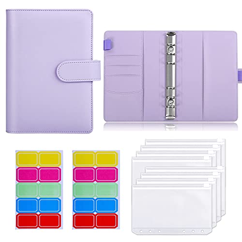 Classeur A6 en cuir synthétique avec 14 pochettes en plastique, 2 étiquettes autocollantes, système d'enveloppe budgétaire, couverture de classeur avec fermeture à boucle magnétique (lavande) Cover