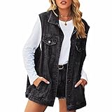 Anzber Women's Denim Vest Oversized Casual Classic Sleeveless Button Denim Jacket,Black,L