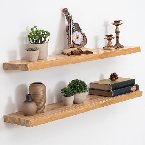 Image of Acovy Extra Deep 36 inch Long Live Edge Rustic Floating Shelves for Wall, Solid Wood Wall Shelves with Invisible Bracket Mount for Living Room Bathroom Bedroom Kitchen, Set of 2, Natural