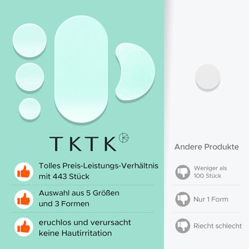 TKTK 443 Pickel Patches Gesicht, Hydrokolloid Akne Pflaster Vorratspack, Anti-Pickel Sticker für Wangen Stirn Kinn, 5 Größen (Punkte, Streifen, konturiert), für alle Hauttypen