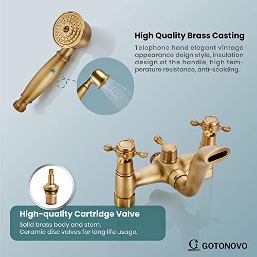 Wall Bathtub Faucet Set With Handheld Shower Spray Antique Brass Double Cross Handle 2 Functions Wall Mount 360 Swivel Mixer Tub Filler Spout Vintage Bathroom #TOP6