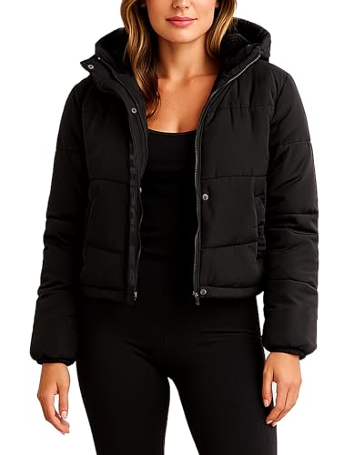 Southpole Womens Puffer Jacket - Insulated Quilted Warm Winter Coat - Lightweight Cropped Winter Jackets for Women (S-XL), Size Large, Black