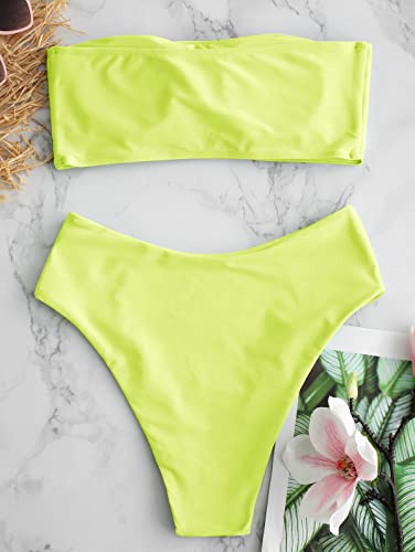 Image of ZAFUL Women's High Cut Bandeau Bikini Set Strapless Solid Color 2 Pieces Bathing Suit Swimsuit