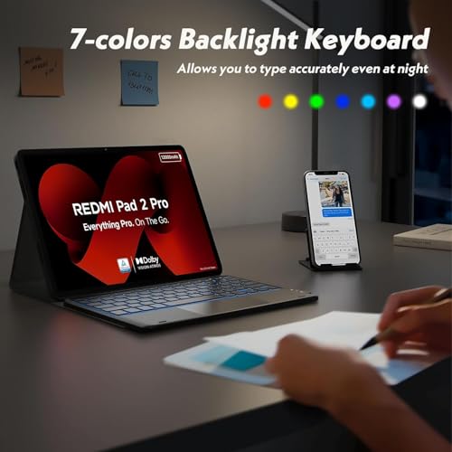 Image of HOM Tri-Fold 7-Colour Backlight Detachable Wireless Bluetooth Keyboard with Trackpad /Touchpad Tablet Cover Case for Xiaomi Redmi Pad 2 Pro 12.1 inch Tablet - Black