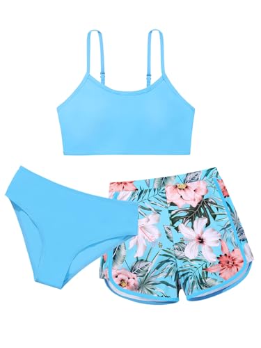 Image of Girls Swimsuit 3 Piece Bathing Suit Printed Sport Bikini Set with Shorts Summer Beach Swimwear for Teen Girls 9-16T