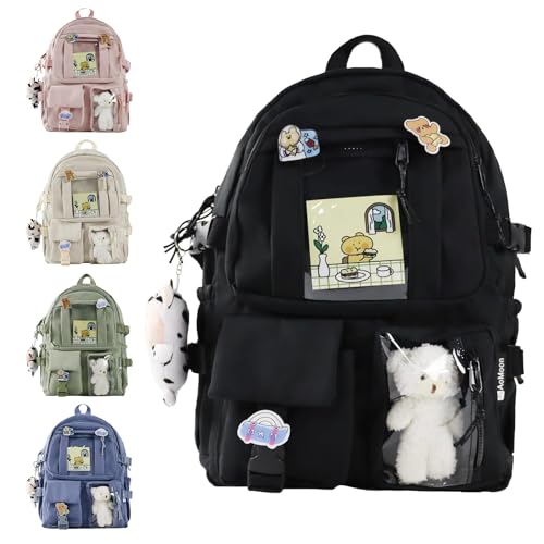Oxford Cloth Harajuku Style Fresh Sweet Kawaii Campus Backpack Comes with Accessories Campus Travel Backpack with Pins, Black
