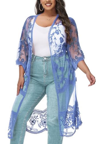 Image of Anna-Kaci Women's Plus Size Lace Cardigan Embroidered Long Kimono Dusters with Half Sleeves