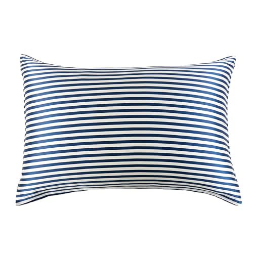 THXSILK Mulberry Silk Pillowcase for Hair and Skin Health, Grade 6A+ Mulberry Silk Pillowcase with Hidden Zipper, Soft and Breathable, 1pc (King 20"x36", Blue White Stripes)