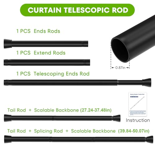 Image of Tension Rods for Windows 28 to 48 Inch Black Curtain Rods no Drilling Tension Curtain Rod Adjustable Curtain Rods Expandable Pressure Spring Tension rod for Closet, Doorway