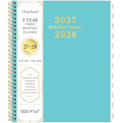 2027-2028 Monthly Planner 2 Year Monthly Planner/Calendar 2027-2028 Jan 2027 Dec 2028 9 x 11 Tabs Double-Side Pocket Holidays Thick Paper - Blue