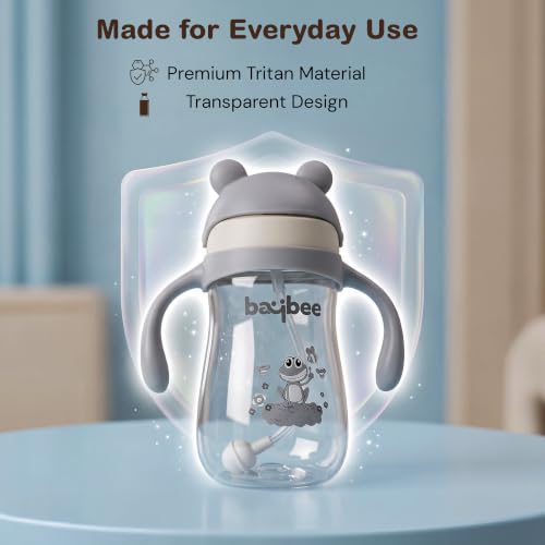 Image of BAYBEE Insulated Baby Sippy Cup for Kids 300 ml | Anti Spill Sipper Bottle with 360 Weighted Straw & Rotating Handle | V Type Straw Bottle BPA Free & Non Toxic for Toddler 6+Months (Grey)