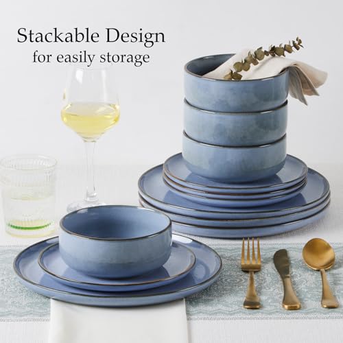 Onader 12 Piece Dinner Set, Reactive Glaze Stoneware Dinnerware for 4 People, Elegant Plates and Bowls Sets for Kitchen Christmas Camping, Scratch Resistant, Microwave & Dishwasher Safe - Lagoon Blue - Image 5