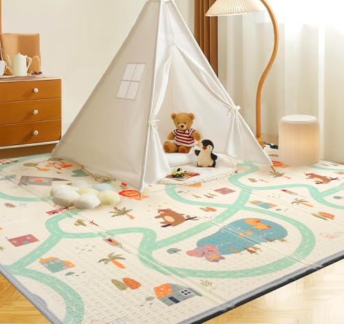 grosani Krabbelmatte Baby Faltbar 200x180x1 cm, Spielteppich Kinder Groß, Beidseitig Wendbare Baby Spieldecke, Schadstoff frei Wasserdichte und Rutschfeste mit Tragetasche für Innen und Außen