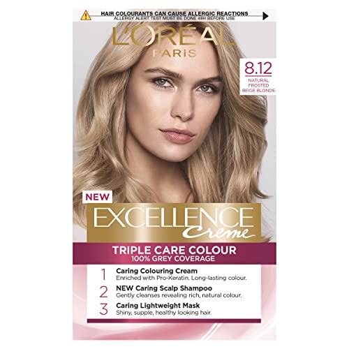 L'Oréal Paris Excellence Crème Permanent Hair Dye, Radiant At-Home Hair Colour with up to 100% Grey Coverage, Pro-Keratin, Up to 8 Weeks of Colour, 8.12 Natural Frosted Beige Blonde