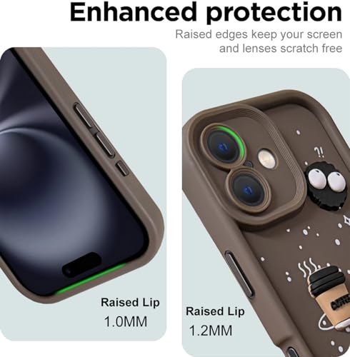 Image of SHINESTAR Back Cover for iPhone 16 - 3D Cartoon Coffee & Eyes Design | Soft Silicone Shockproof Case with Full Camera Protection | Cute & Playful Phone Cover - Brown
