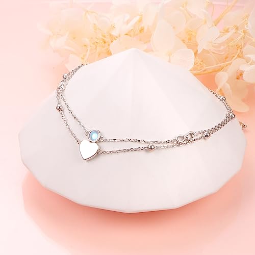 Image of Flyow Anklet for Women S925 Sterling Silver Adjustable Foot Beaded Heart Charm Ankle Bracelet Anklets Jewelry