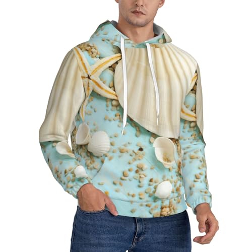 Sweat à capuche bleu polyester homme pull imprimé plage mer coquillages