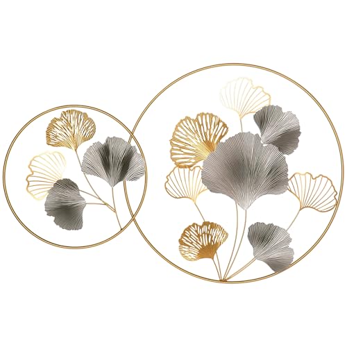 HOMCOM Decorazione Murale 3D in Metallo, Wall Art Dorata con Foglie di Ginkgo in due Cornici Rotonde, 102x66.2 cm, Oro e Argento