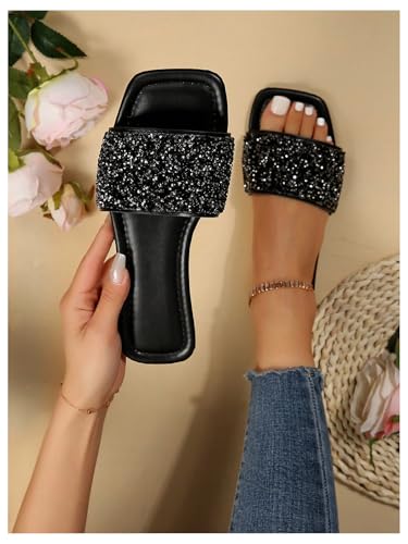 Image of GORGLITTER Women's Sparkly Jeweled Flat Sandals Dressy Open Toe Glitter Shiny Slippers Slip-on Shoes