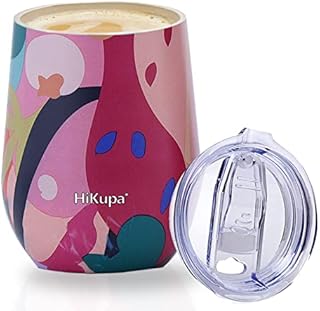HiKupa® 12 oz Coffee Mug, BPA Free, 350 ml Reusable Coffee Cup, Double Walled Stainless Steel Vacuum Insulated Travel Mug for Hot and Cold Drinks (Red - Geometric Pattern)
