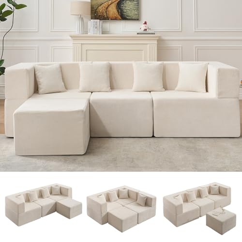 Image of MONVANE 103'' Modular Sectional Sofa, Cloud Sectional Couch with Ottoman, Convertible Chenille L Shaped Couch with Deep Seat, Sectional Couches for Living Room Bedroom, No Assembly Required, Beige