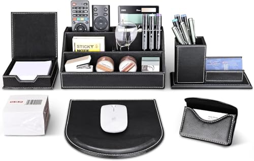 KINGFOM Büro Zubehör Set Schwarz, 6Pcs PU Leder Schreibtisch Set mit Schreibtisch Organizer, Visitenkartenetui, Mauspad, Stifthalter mit Visitenkartenhalter, Zettelbox und 500 Stück Memo Papiers