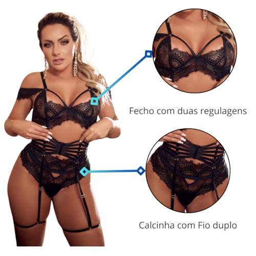 Conjunto Lingerie Rendado Confortável Detalhes em Alça e Acessórios Sensual Blogueira Sexy(Preto, M)