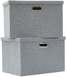 AlphaHome Extra Large Storage Box with Lid, Collapsible Linen Fabric Storage Baskets with Galvanized Metal Handles, Set of 2 (Glaucous Grey, 44x31x29cm))