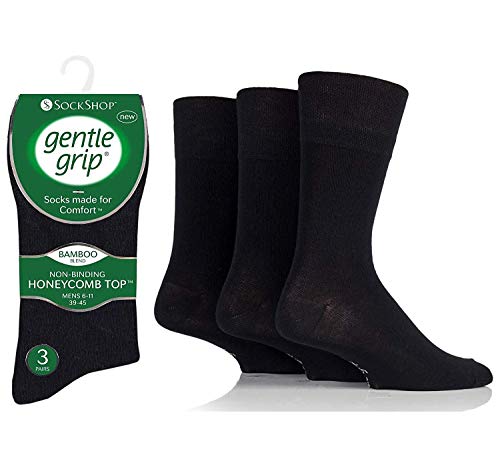 12 Pairs Men's GENTLE GRIP BAMBOO Loose Soft Top Non Elastic Socks - UK 6-11 (BLACK)