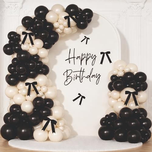 Image of Balloon Garland Kit, Black & Sand White with Ribbon Bows, Birthday Decoration, Pack of 61 pieces