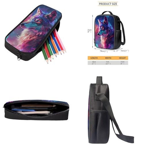 Wolf Galaxy Printed Backpack Set with Insulated Lunch Box for Kids, 17 Inch Backpack and Pencil Case Set for Kindergarten Elementary, Lightweight School Bag for Girls Boys Teens2