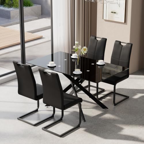 KATBOC 5-Piece Dining Table Set for 4, Modern Rectangular Black Glass Table with 4 Upholstered Leather Chairs, Space-Saving Dining Room Furniture Table & Chair Sets for Small Spaces(All Black)