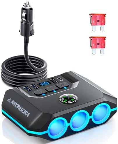 Anyongora 7 in 1 Cigarette Lighter Splitter, 120W 12V/24V Car Charger Adapter, 3 Sockets & Independent Switches, 4 USB Ports (3 USB-A + 1 USB-C), 3.3ft Extension Cord, LED Voltage Display