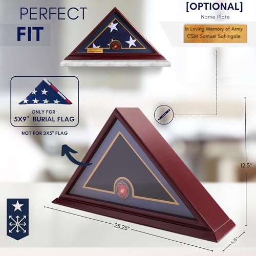 Burial Flag Display Case, Veteran Flag Display, Solid Wood Cherry Finish, UV Protected Plexiglass, Customizable Nameplate (Marine Corps.)