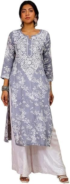 Women's Embroidered Streight Kurta, Grey, Long Sleeve, Cotton Blend, Ethnic Wear, Only Kurti