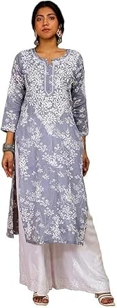 Womens Embroidered Streight Kurta, Grey, Long Sleeve, Cotton Blend, Ethnic Wear, Only Kurti