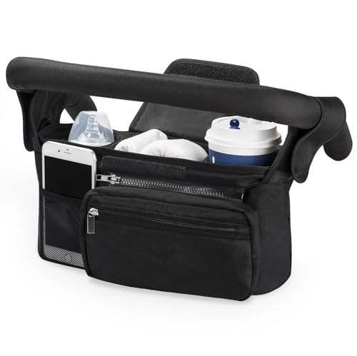 Organisateur de Poussette et Landau,Momcozy Sac de Rangement Universel avec 2 Porte-Gobelets Porte-Bouteilles Isolés, Poche Grande Capacité pour Téléphone et pour...