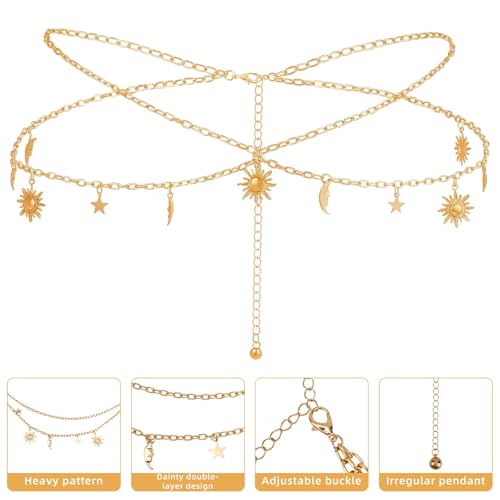 2 Pcs Gold Metal Waist Chain Set, Dainty Sunflower Body Chain Fashion Sun & Moon Waist Jewelry Adjustable Multilayer Body Jewelry Accessories for Women Dresses Jeans Decor Supplies4