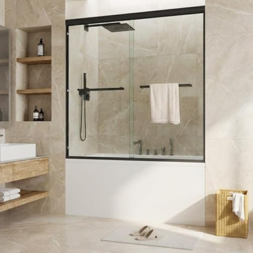 Image of 56-60 inch W x 59 inch H Semi-Frameless Double Sliding Shower Door, 1 /4 inch (6mm) SGCC Tempered Glass with Easy-Clean Coating, Matte Black Finish Bypass Design for Bathtub /Shower Enclosure