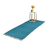 Relaxdays Flickenteppich Baumwolle, 80x200 cm, Teppichläufer mit Fransen, rutschfest & handgewebt, Fleckerlteppich, blau